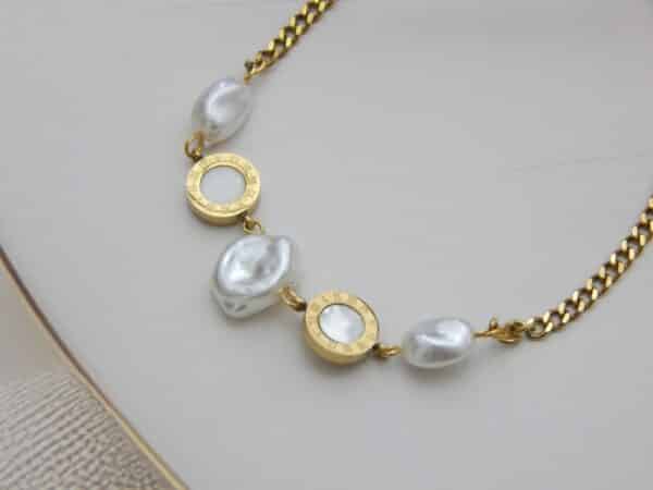 Anti-tarnish gold bracelet with pearls and Roman numeral charms – Roma Pearl Charm Bracelet.