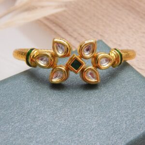 Gold-plated kada with green square centre stone and vertical kundan floral design – Aarunya Green Kundan Vertical Kada.