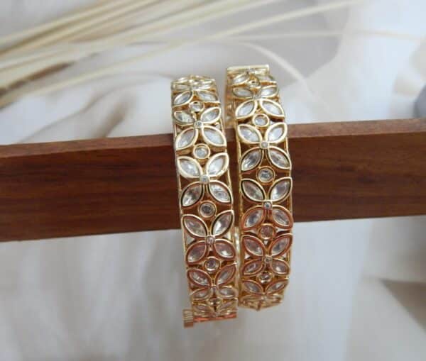 Charita floral polki kada set in antique gold finish with American diamond stones
