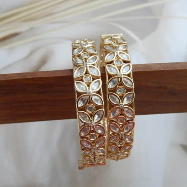 Charita floral polki kada set in antique gold finish with American diamond stones
