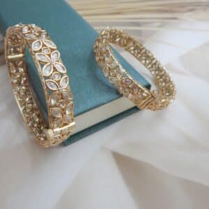 Gold-plated floral Polki stone openable kada with petal-shaped motifs – Charita Floral Polki Kada.
