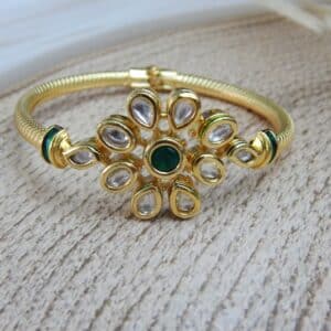 Gold-plated floral kundan kada with green center stone – Samaira Kundan Floral Kada.