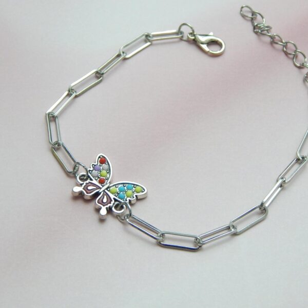 Multicolour charm bracelet gift — butterfly charm on silver paperclip link chain