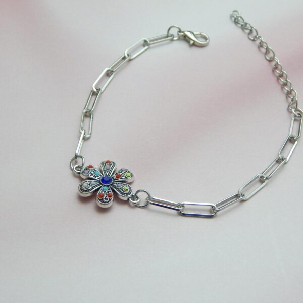 Multicolour charm bracelet gift — flower charm on silver paperclip link chain
