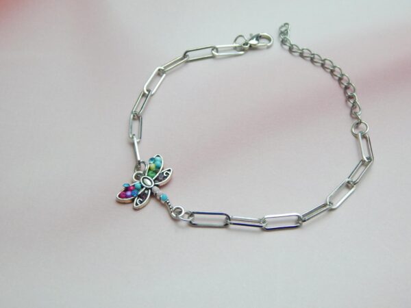Multicolour charm bracelet gift — grasshopper charm on silver paperclip link chain