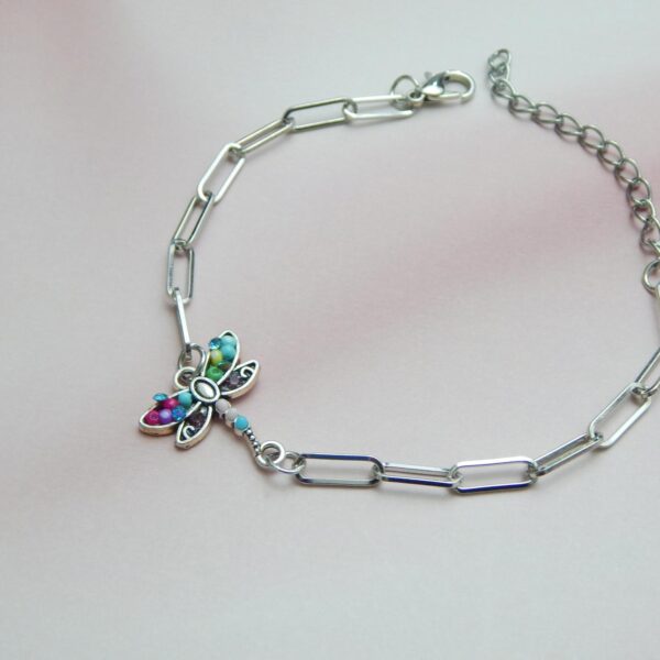 Multicolour charm bracelet gift — grasshopper charm on silver paperclip link chain