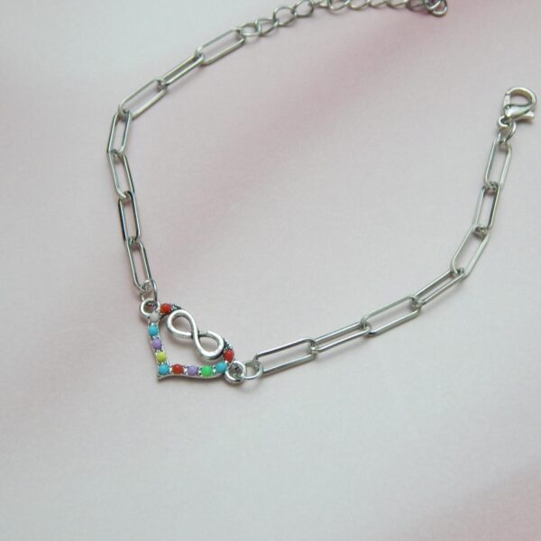 Multicolour charm bracelet gift — heart charm on silver paperclip link chain
