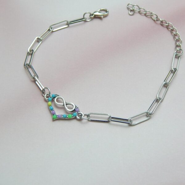 Multicolour charm bracelet gift — love charm on silver paperclip link chain