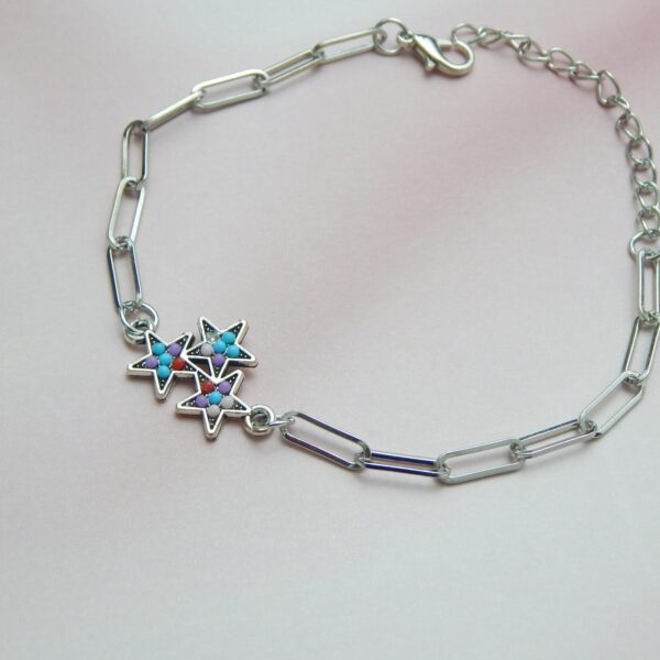 Multicolour charm bracelet gift — star charm on silver paperclip link chain