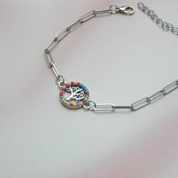 Multicolour charm bracelet gift — tree charm on silver paperclip link chain