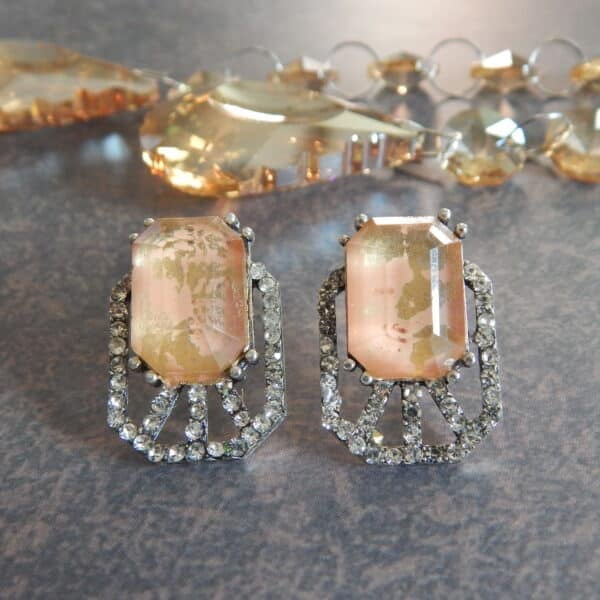 Navratri Yellow Jewellery - Royal Reflection DS Art deco cage stud earrings in smoky peach with American diamond cage