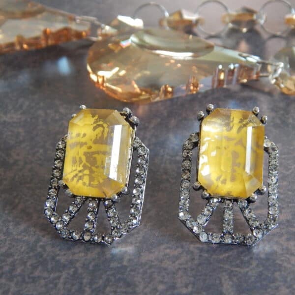 Navratri Yellow Jewellery - Royal Reflection DS Art deco cage stud earrings in smoky yellow with American diamond cage