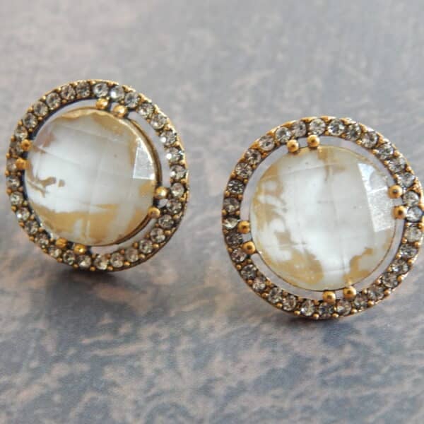 Navratri White Jewellery - Royal Reflection DS Double halo stud earrings in ivory with American diamond ring