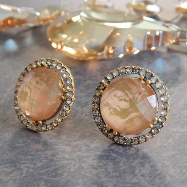 Navratri Yellow Jewellery - Royal Reflection DS Double halo stud earrings in peach with American diamond ring