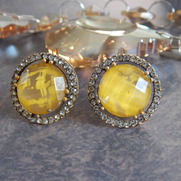 Navratri Yellow Jewellery - Royal Reflection DS Double halo stud earrings in yellow with American diamond ring