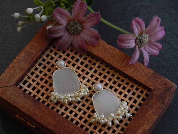 Monalisa stone dangler earrings in grey with pearl cluster drop