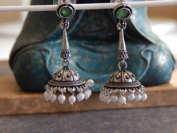 Oxidised silver mini jhumka earrings in green with pearl fringe