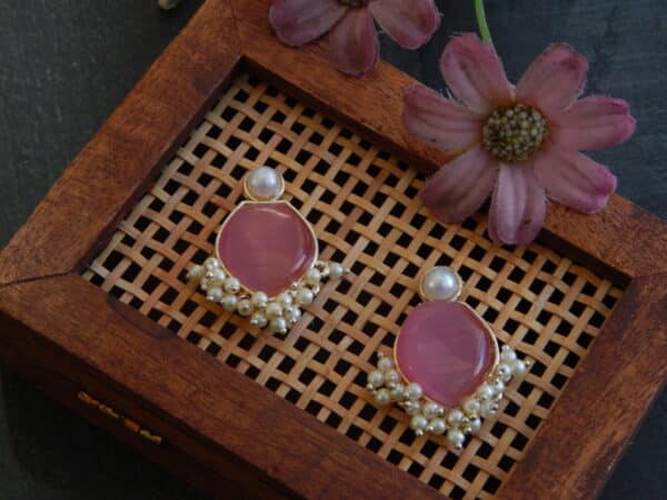 Round monalisa stone dangler earrings in coral pink with pearl cluster drop