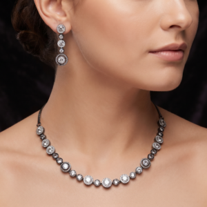 Victorian halo necklace set with graduated American diamond stones and matching drop earrings