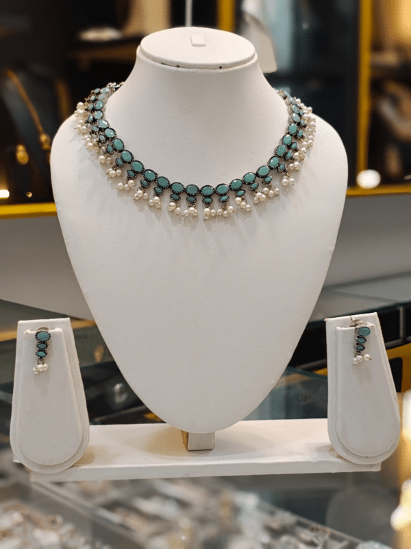Oxidised pearl drop choker set in turquoise
