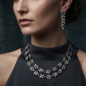 Victorian floral necklace set with pave-set American diamond clusters and matching leaf drop earrings