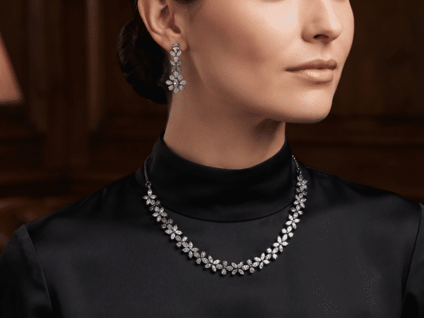 Victorian garland necklace set with marquise and floral clusters and matching drop earrings