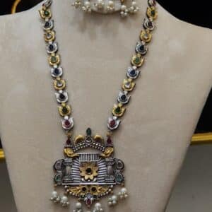 Multicolour temple necklace set with jharokha pendant and pearl fringe