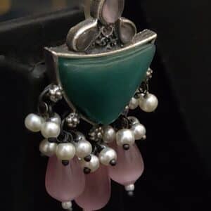 Matching oxidised drop earrings with green stone, pearl and pink stone fringe