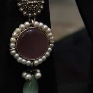 Matching oxidised drop earrings with pink stone, pearl border and sea green stone drop